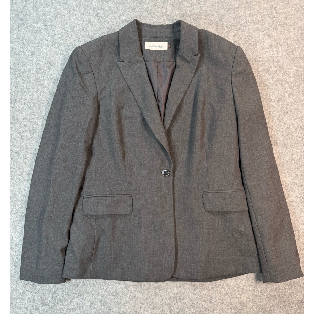 Calvin Klein Womens Gray Single Button Blazer Jacket Size 12 Professional Career